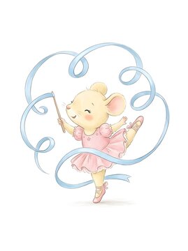 A small mouse dressed in a pink ballet outfit smiles while performing. Ribbons swirl around as it dances gracefully on one foot. The scene is colorful and cheerful
