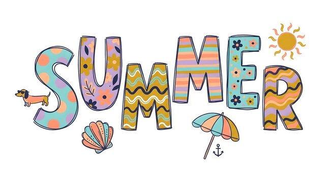 The scene shows bright letters spelling summer with images of a dog, a shell, an umbrella, and sun. This design captures the fun of the season and outdoor activities