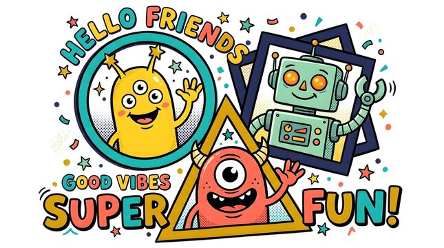 Three characters are smiling and waving. They are surrounded by bright shapes and joyful text. The setting feels energetic and inviting for viewers of all ages