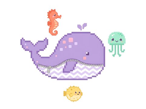 A whale with a zipper on its body surrounded by a seahorse, a jellyfish, and a pufferfish. The animals have bright colors and a pixel art design