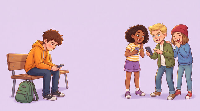 Sad Teenage Boy Bullied by Classmates Using Smartphones Illustration
