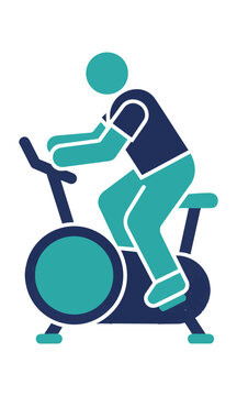 Minimalist icon of a person cycling on a stationary bike featuring bold shapes and clean teal and navy colors fitness and wellness concept