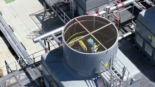 Aerial view of an industrial cooling fan unit with metal grating and surrounding pipes on a rooftop facility in France.
