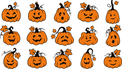 Obraz premium Set of cute hand drawn pumpkins with various facial expressions and emotions for halloween holiday design elements