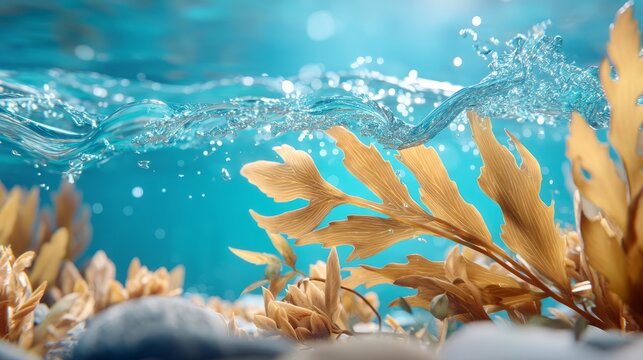 Underwater close-up of brown seaweed with water splash and blue background