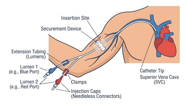 Detailed medical illustration explains central venous catheter insertion process via picc line within human arm for educational healthcare purposes.