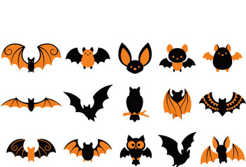 Obraz premium Set of cute cartoon bats and owls for halloween decorations and festive holiday design elements on white background