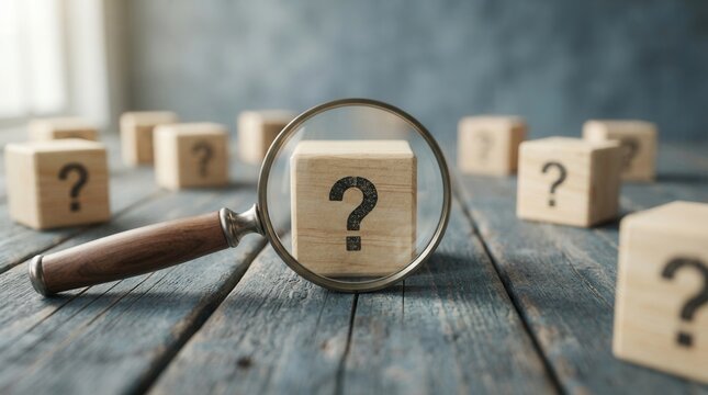 Investigation and research concept featuring a magnifying glass focused on wooden blocks with question marks for problem identification.