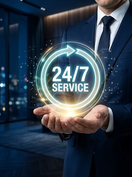 Smart customer experience concept featuring professional business hands and futuristic nonstop service technology visualization