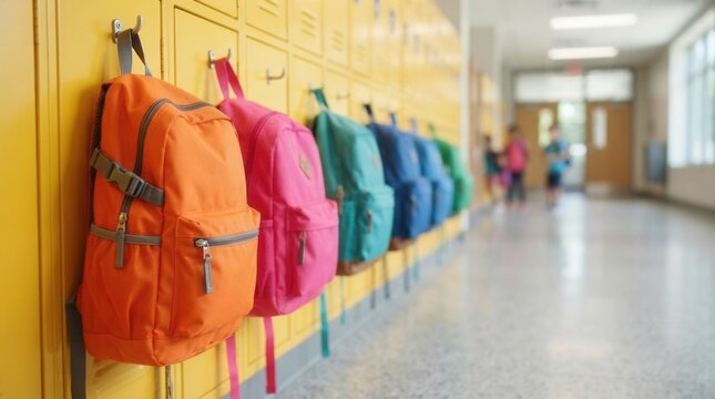Students prepare for study with colorful backpacks hanging on yellow school lockers.