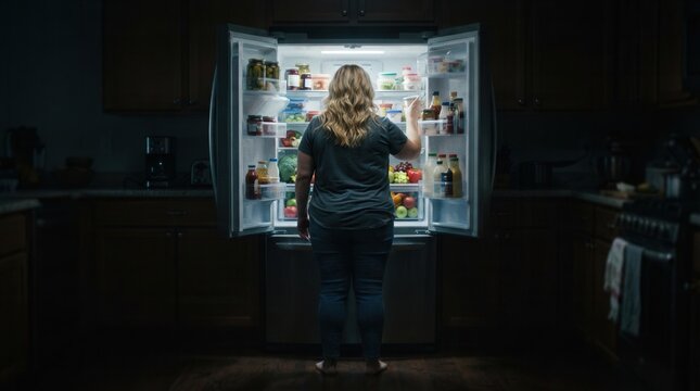 Late night eating habit and emotional eating: overweight woman looking for a midnight snack in an open fridge.