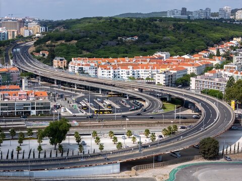 Aerial view of the highway interchange and bus terminal in Alges, Lisbon, Portugal.