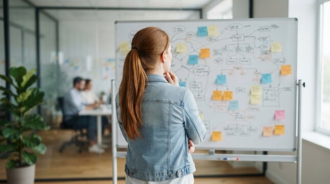 A woman looks at a whiteboard with many sticky notes to plan strategy and manage projects.