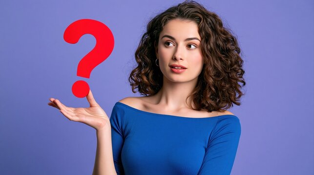 Confused woman asking question mark gesture