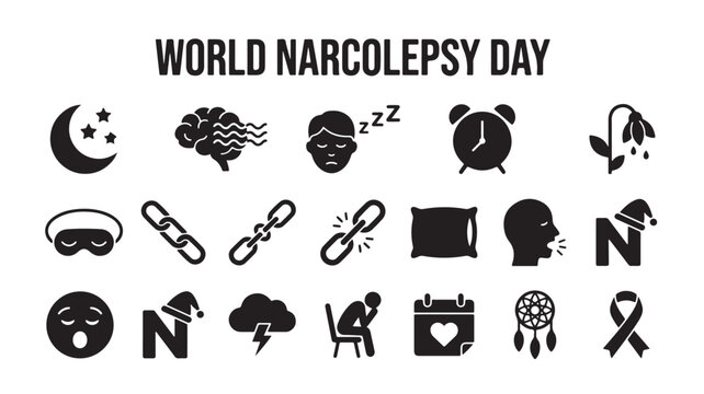 World Narcolepsy Day icon set, black sleep disorder symbols for medical awareness, 18 flat vector elements for healthcare design