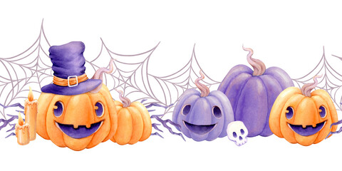 Watercolor illustration of a smiling pumpkin in a witch hat with candles and spider webs on a white background. Great for Halloween invitations, party decor, kids’ crafts, or spooky greeting cards.