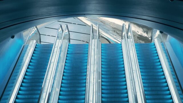 Minimalist blue illuminated escalators with futuristic architectural design. Modern public space representing innovation, contemporary architecture, urban development, technology