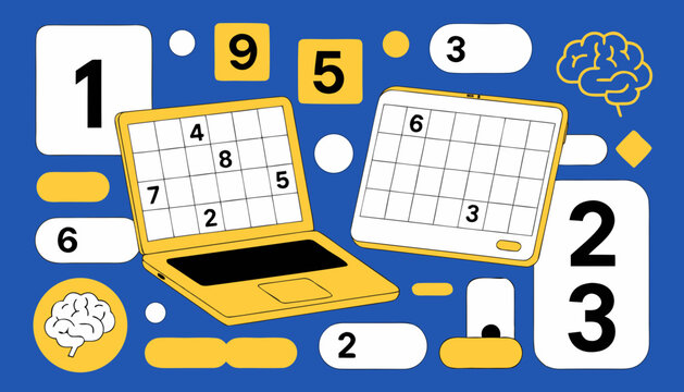 Sudoku online puzzle game vector illustration, digital brain training on laptop and tablet, mental health and logic exercise concept in blue and yellow