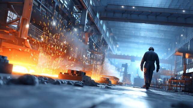 Worker walking near molten metal and sparks in industrial steel factory interior