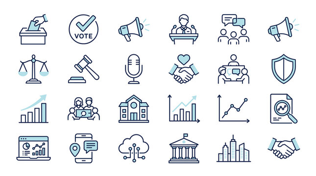 Politics and government icons set, 24 line vector symbols for voting and law, blue and grey election campaign graphics for digital marketing