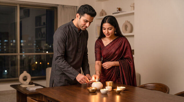 Young Indian couple in traditional ethnic wear lighting decorative oil lamps and candles on a wooden table during Diwali festival celebration at home in the evening