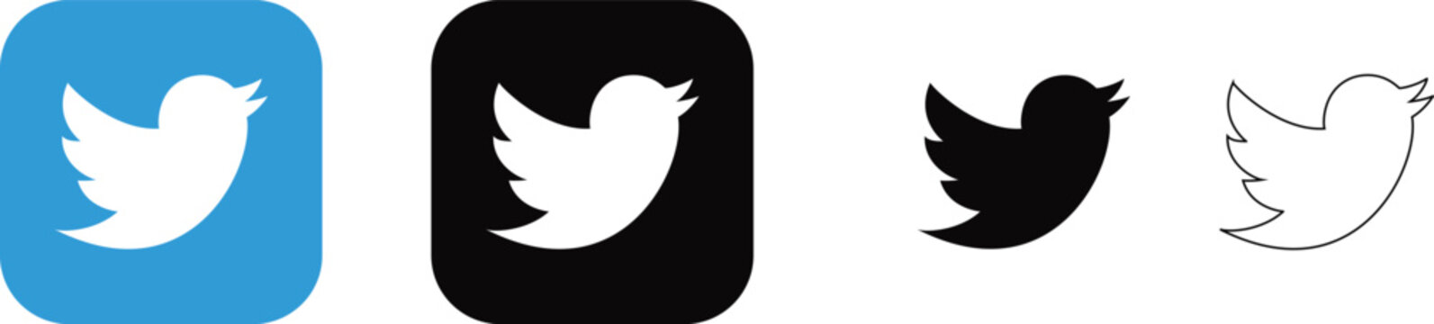 Set of twitter bird logo icons in different styles including blue black and outline versions for social media design