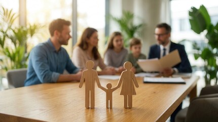 Fototapeta premium Family and attorney at a table discussing future planning for wealth, inheritance, and offspring care.