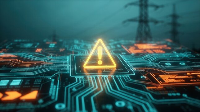 Electrical grid cyber-attack attempt and cyber security risk shown on a digital interface with power lines and flashing warning alerts.