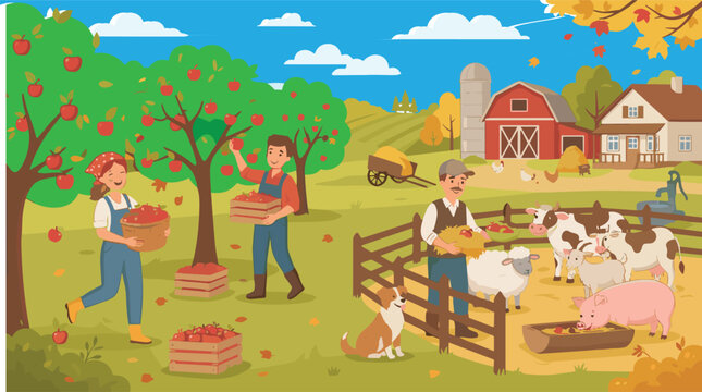 Happy farmers picking red apples in orchard and feeding livestock animals on beautiful countryside farm vector illustration
