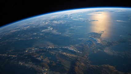 Fototapeta premium Aerial View of Earths Surface with Ocean and Mountain Ranges as Seen From Above with focus on earth space mountains.