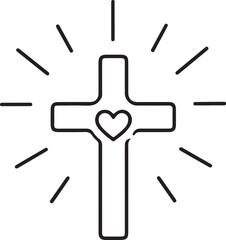 Obraz premium Line Art Cross with Heart and Radiating Rays Isolated