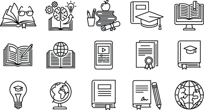 Education and e learning icon set book graduation cap diploma online study globe line art vector illustration collection.