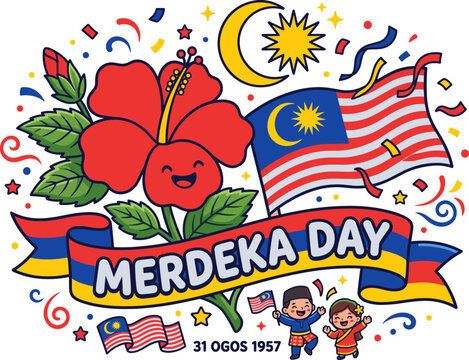 Malaysia merdeka day celebration with hibiscus flower and national flag