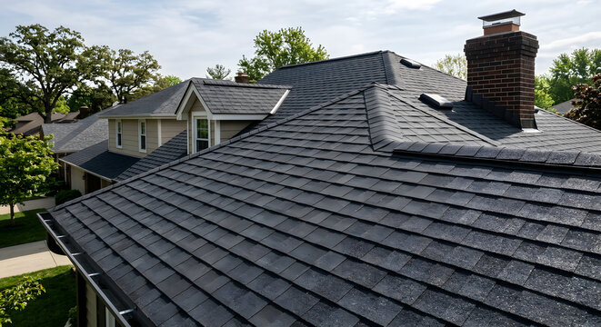 Dark asphalt shingle roof of a suburban house against blue sky, overlapping rows viewed at an angle, residential roofing