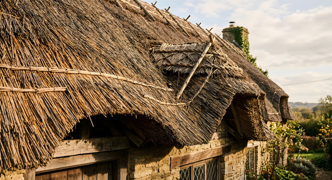 Traditional thatched roof of dry straw viewed at an angle, rustic vernacular architecture, natural weathered texture