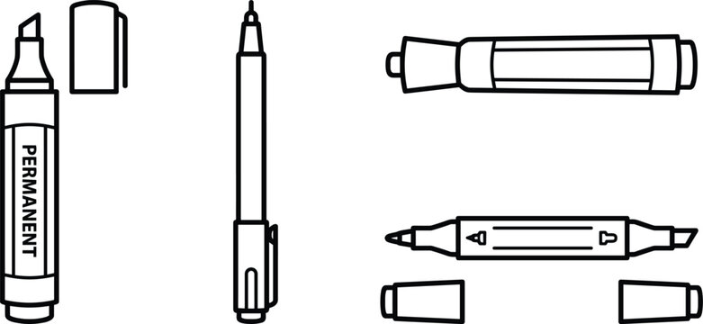 Writing and Drawing Instruments Icon Set with Permanent Marker Fineliner Pen Highlighter and Dual Tip Markers