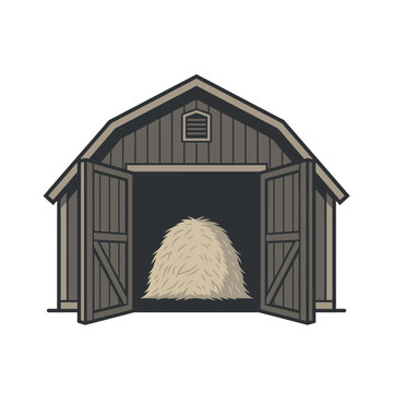 Rustic farm barn with haystack and open doors.