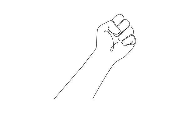 Continuous line drawing of a raised clenched fist expressing strength and defiance with strength, resistance
