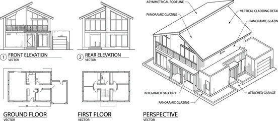 Obraz premium Modern Architectural House Blueprint Vector Set with Floor Plans Elevations and 3D Perspective