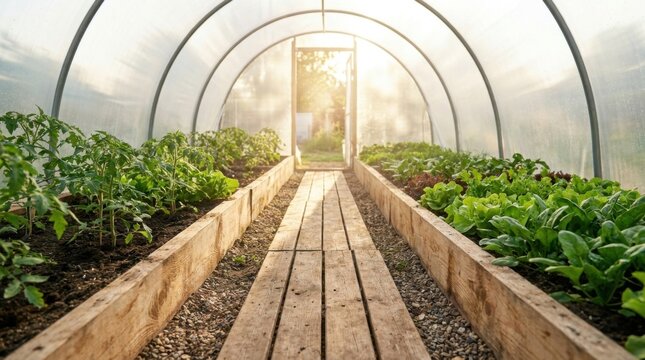 Greenhouse interior with raised garden beds and fresh vegetables
