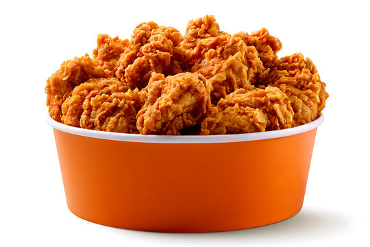 A bucket filled with crispy golden fried chicken pieces isolated on white background