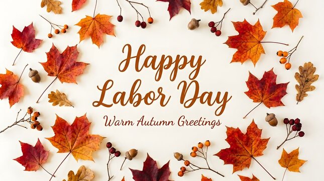 Happy Labor Day greeting card. Autumn leaves frame with seasonal fall foliage background. bn