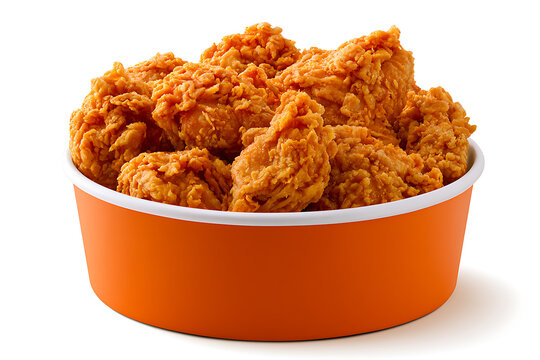 Bucket of crispy fried chicken pieces isolated on white background