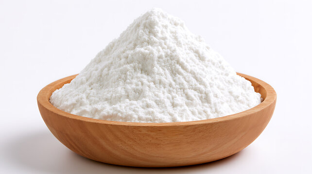 A wooden bowl filled with a mound of white baking powder or flour isolated on white background