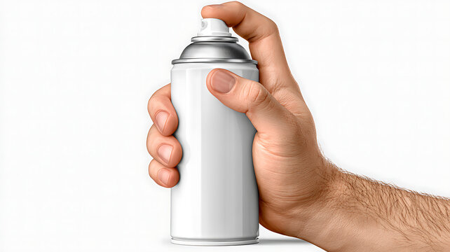 Hand holding a blank white spray paint can isolated on white background