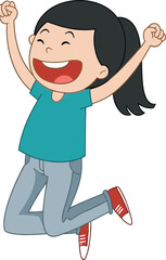 Naklejka premium Happy jumping cartoon girl celebrating success isolated on white background for childhood education lifestyle and kids activity illustration