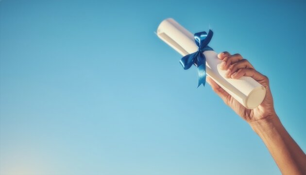 Close up of a graduate hand holding up a white diploma scroll tied with a blue ribbon against a beautiful clear blue sky background, concept of graduation success.