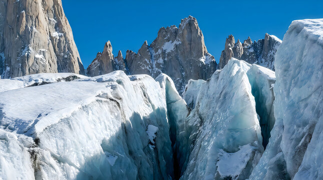 Majestic snow-covered mountain peaks under clear blue sky