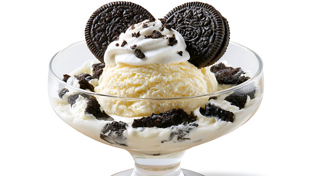 Delicious vanilla ice cream sundae with whipped cream and chocolate sandwich cookies isolated on white background