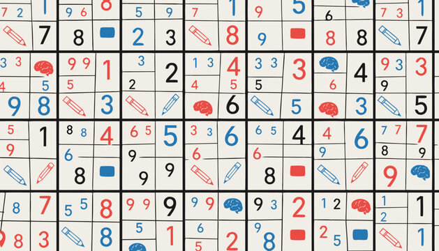 Sudoku puzzle pattern with numbers and brain icons, logic game background vector, educational math grid with pencil and eraser symbols